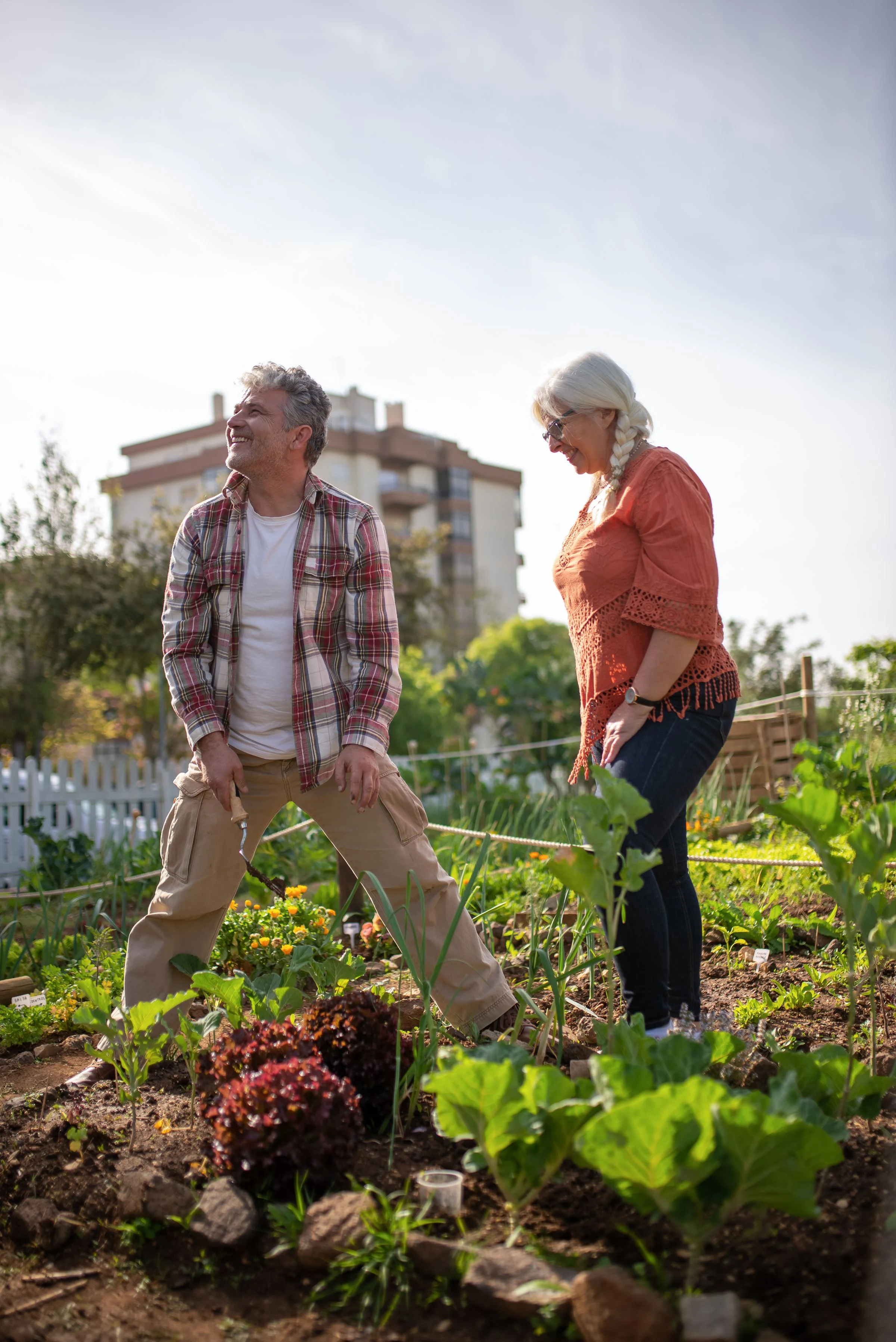 An older couple tending their vegetable garden together