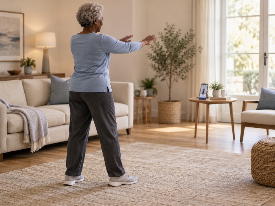 Rear view of an older adult exercising with hands free, facing a phone across the room.